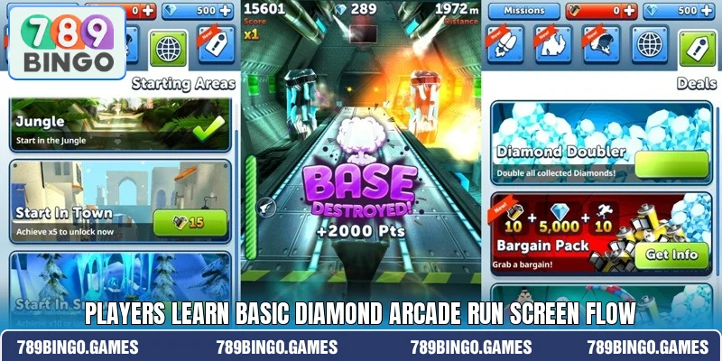 Players learn basic Diamond Arcade Run screen flow